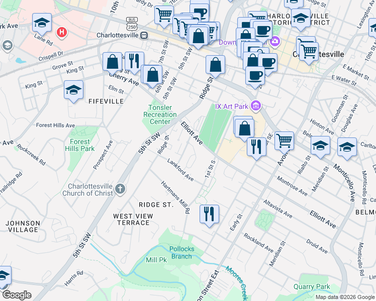 map of restaurants, bars, coffee shops, grocery stores, and more near 166 Burnet Street in Charlottesville
