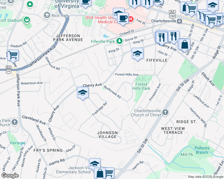 map of restaurants, bars, coffee shops, grocery stores, and more near 617 Rockcreek Road in Charlottesville