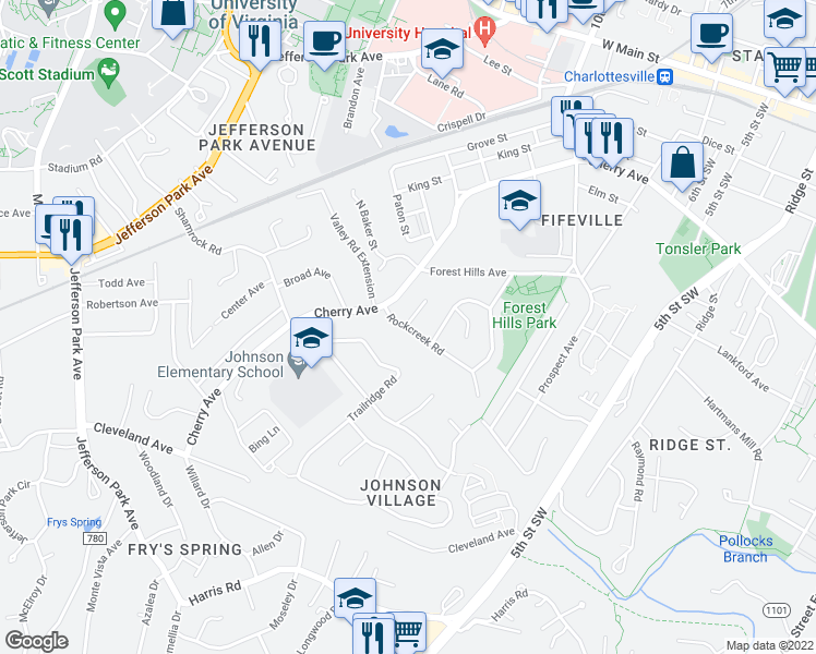 map of restaurants, bars, coffee shops, grocery stores, and more near 606 Rockcreek Road in Charlottesville