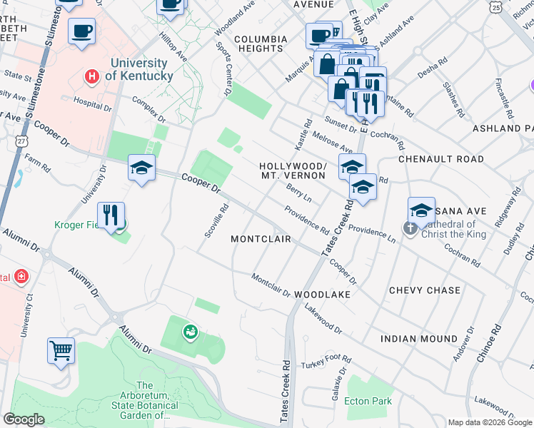 map of restaurants, bars, coffee shops, grocery stores, and more near 713 Cooper Drive in Lexington