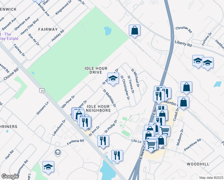 map of restaurants, bars, coffee shops, grocery stores, and more near 2101 Saint Mathilda Drive in Lexington