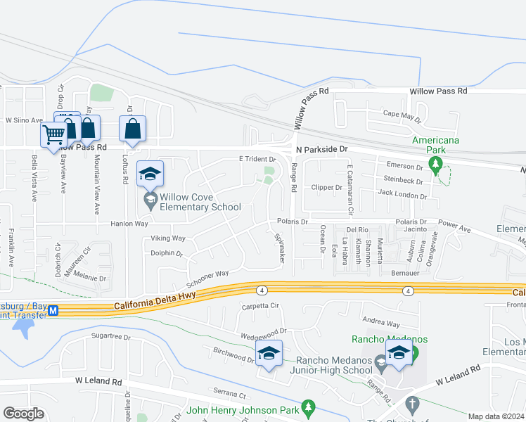 map of restaurants, bars, coffee shops, grocery stores, and more near 288 East Trident Drive in Pittsburg