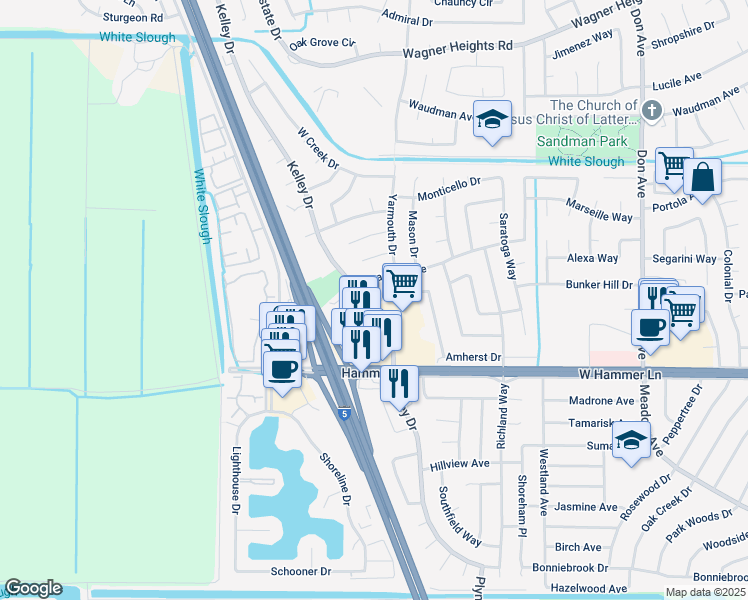 map of restaurants, bars, coffee shops, grocery stores, and more near 8200 Kelley Drive in Stockton