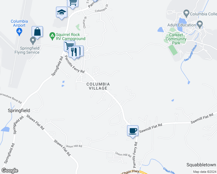 map of restaurants, bars, coffee shops, grocery stores, and more near 22120 Becky River Lane in Sonora