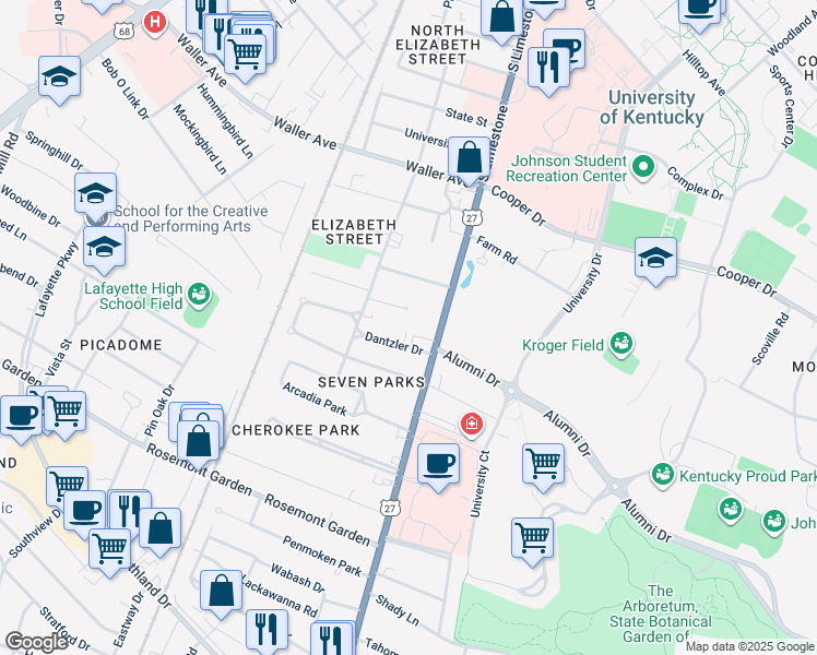 map of restaurants, bars, coffee shops, grocery stores, and more near 1529 Nicholasville Road in Lexington