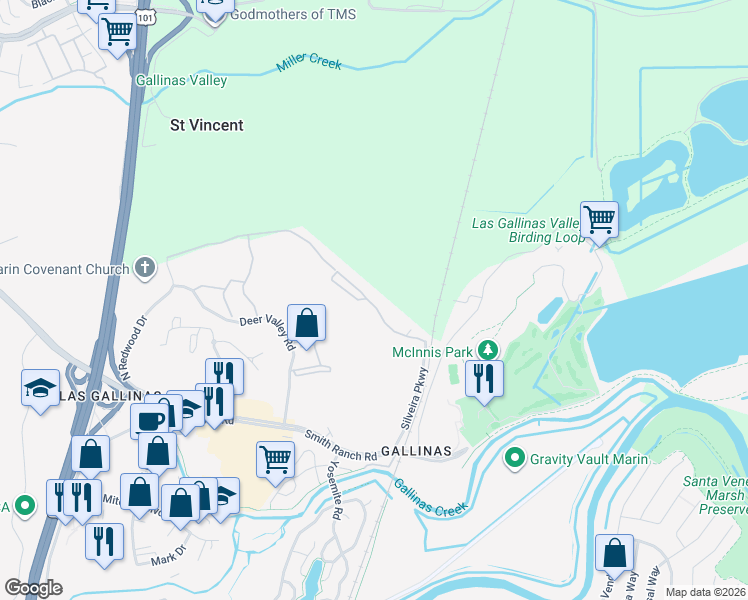map of restaurants, bars, coffee shops, grocery stores, and more near 100 North Avenue in San Rafael