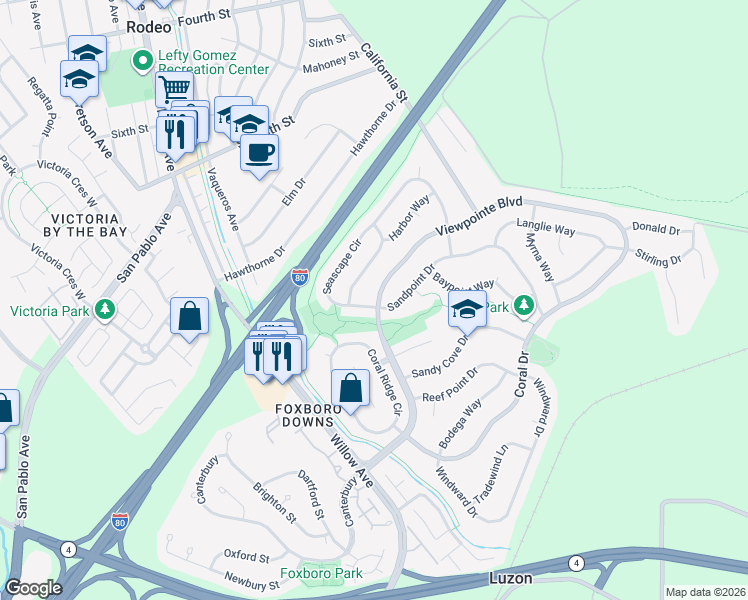 map of restaurants, bars, coffee shops, grocery stores, and more near 905 Seascape Circle in Rodeo