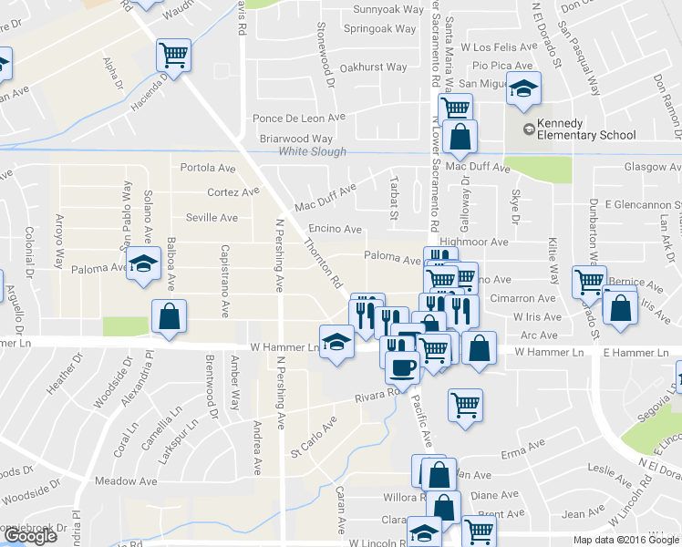map of restaurants, bars, coffee shops, grocery stores, and more near 8124 Thornton Road in Stockton
