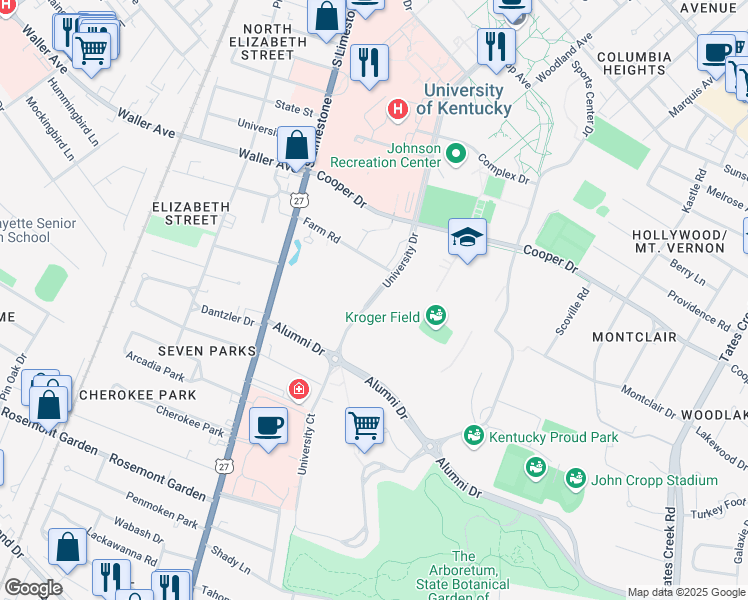 map of restaurants, bars, coffee shops, grocery stores, and more near 1120 University Drive in Lexington