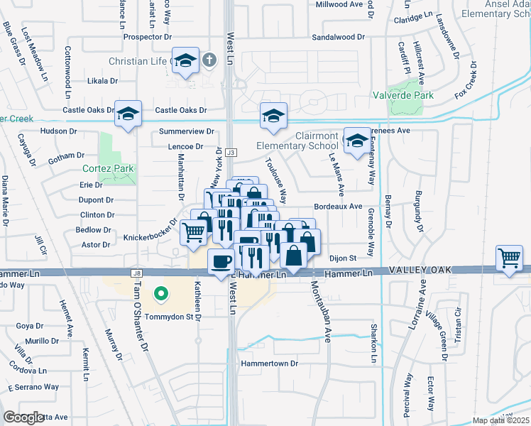 map of restaurants, bars, coffee shops, grocery stores, and more near 1528 Bordeaux Avenue in Stockton