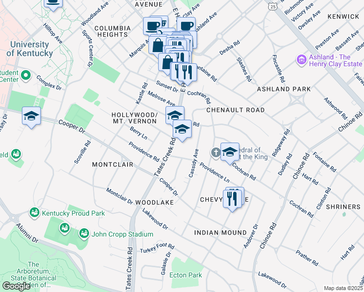 map of restaurants, bars, coffee shops, grocery stores, and more near 1225 Tates Creek Road in Lexington