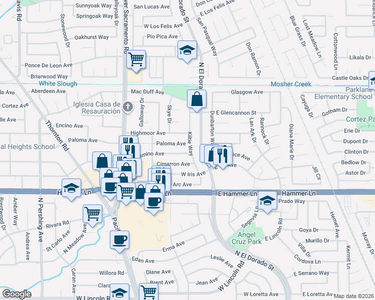 map of restaurants, bars, coffee shops, grocery stores, and more near 8118 Kiltie Way in Stockton