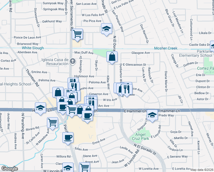 map of restaurants, bars, coffee shops, grocery stores, and more near 8118 Kiltie Way in Stockton