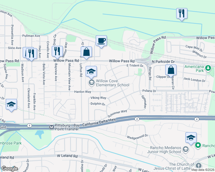 map of restaurants, bars, coffee shops, grocery stores, and more near 187 West Trident Drive in Pittsburg