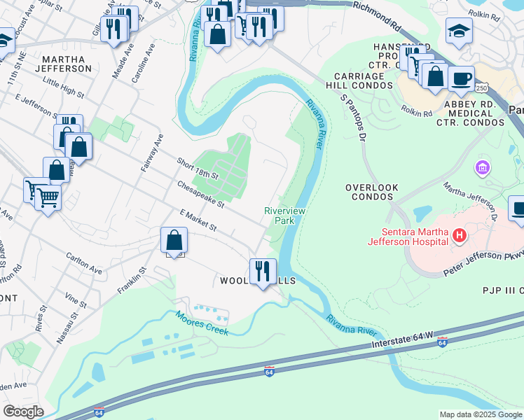 map of restaurants, bars, coffee shops, grocery stores, and more near 303A Riverside Avenue in Charlottesville