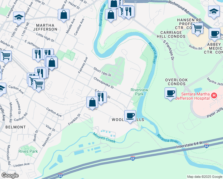 map of restaurants, bars, coffee shops, grocery stores, and more near 1707 East Market Street in Charlottesville