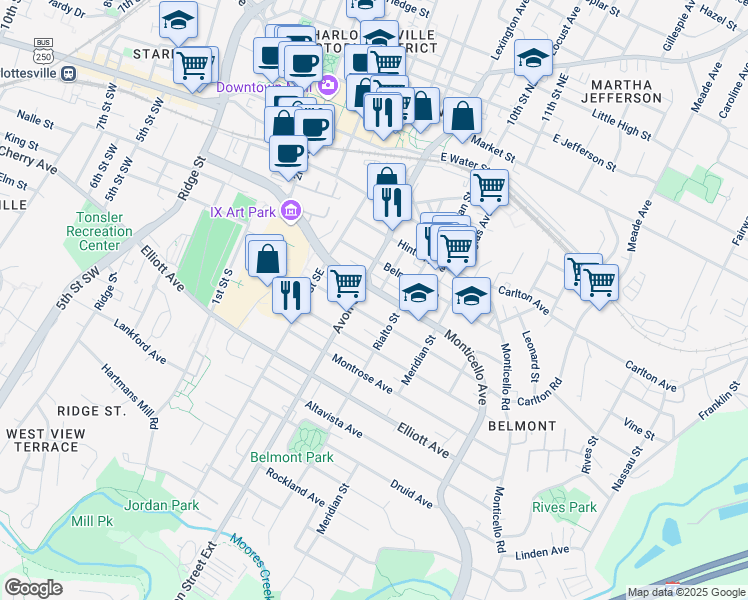 map of restaurants, bars, coffee shops, grocery stores, and more near 713 Bolling Avenue in Charlottesville