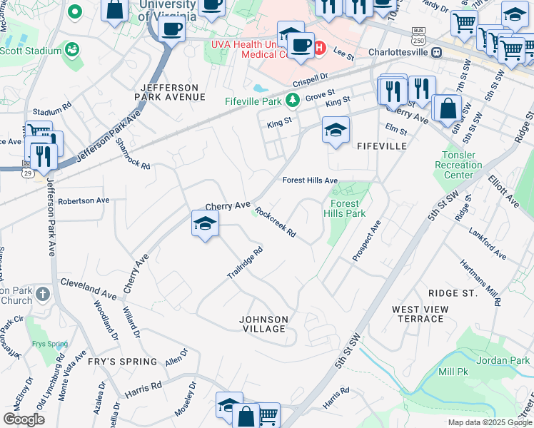 map of restaurants, bars, coffee shops, grocery stores, and more near 606 Rockcreek Road in Charlottesville