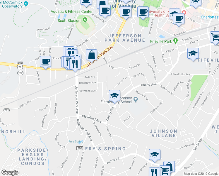 map of restaurants, bars, coffee shops, grocery stores, and more near 1638 Center Avenue in Charlottesville
