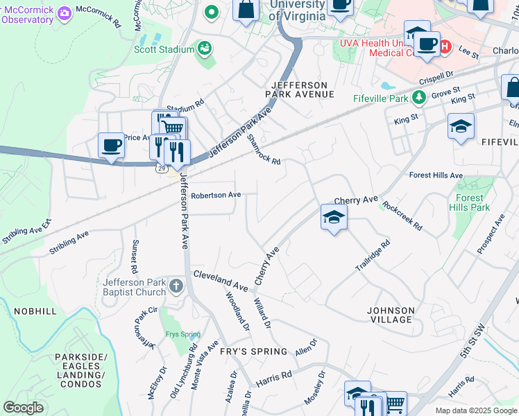 map of restaurants, bars, coffee shops, grocery stores, and more near 1638 Center Avenue in Charlottesville