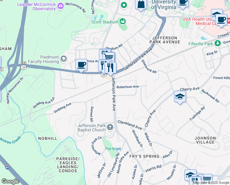 map of restaurants, bars, coffee shops, grocery stores, and more near 2310 Jefferson Park Avenue in Charlottesville