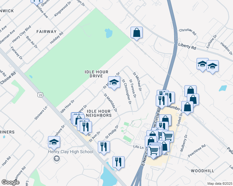 map of restaurants, bars, coffee shops, grocery stores, and more near 2101 Saint Mathilda Drive in Lexington
