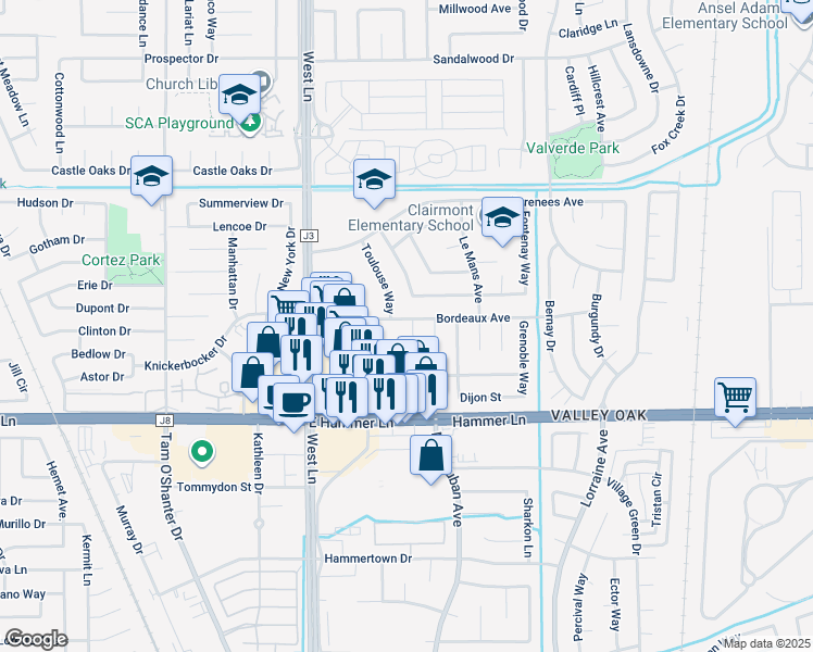 map of restaurants, bars, coffee shops, grocery stores, and more near 8153 Moulin Court in Stockton