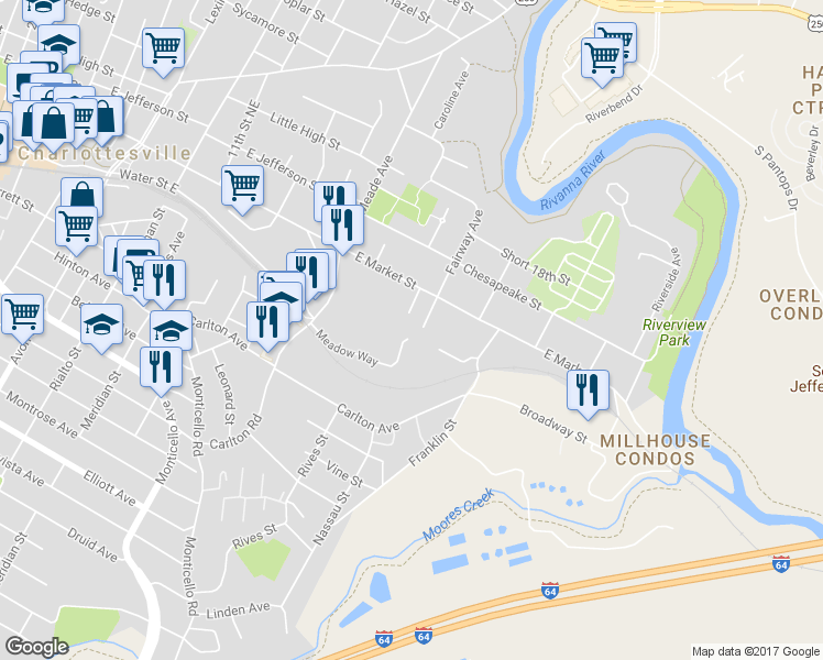 map of restaurants, bars, coffee shops, grocery stores, and more near 1408-10 Burgess Lane in Charlottesville