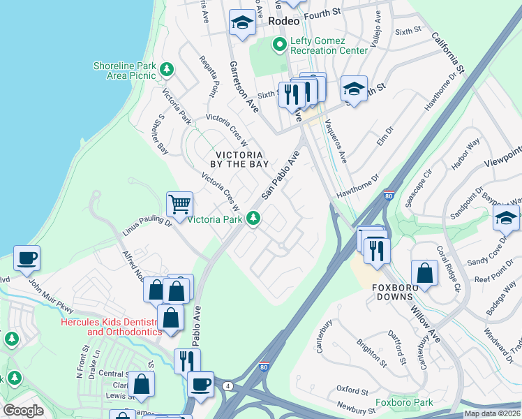 map of restaurants, bars, coffee shops, grocery stores, and more near 1189 Waverly Circle in Hercules