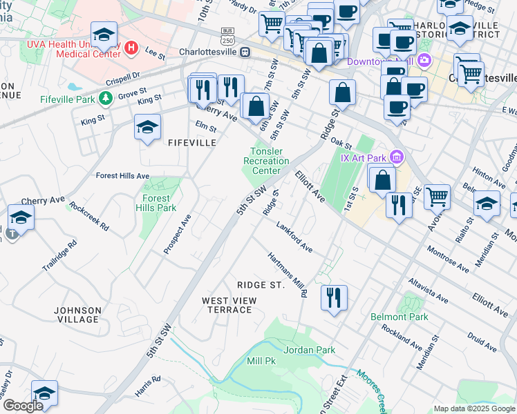 map of restaurants, bars, coffee shops, grocery stores, and more near 709 Lafayette Street in Charlottesville