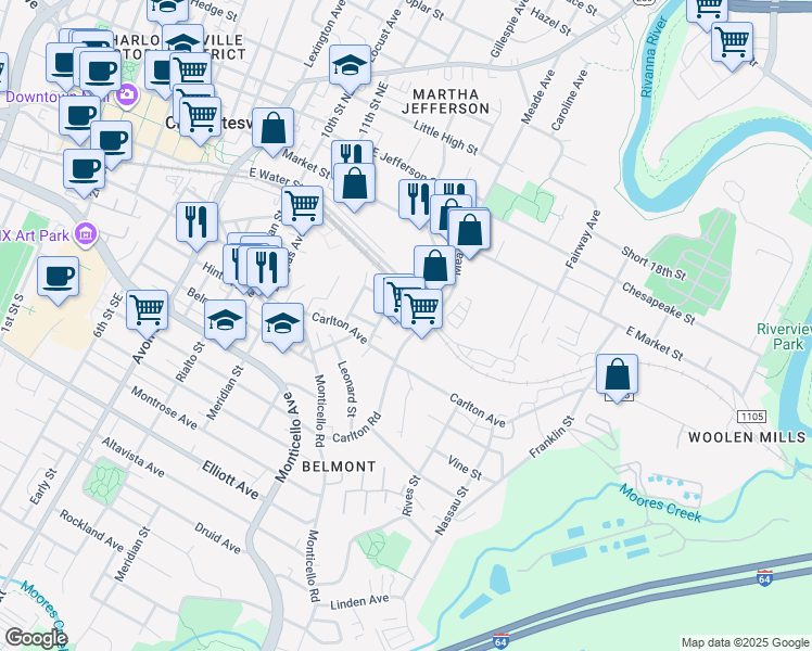 map of restaurants, bars, coffee shops, grocery stores, and more near 221 Carlton Road in Charlottesville