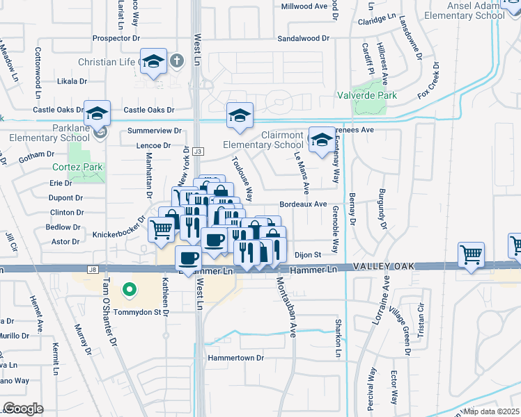 map of restaurants, bars, coffee shops, grocery stores, and more near 8153 Moulin Court in Stockton
