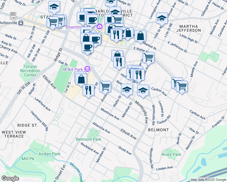 map of restaurants, bars, coffee shops, grocery stores, and more near 712 Monticello Avenue in Charlottesville