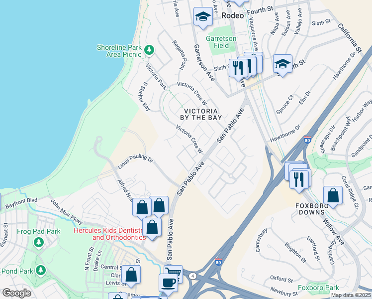 map of restaurants, bars, coffee shops, grocery stores, and more near 163 Paradise Drive in Hercules