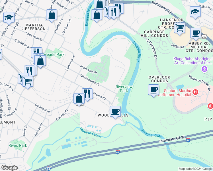 map of restaurants, bars, coffee shops, grocery stores, and more near 1731 Chesapeake Street in Charlottesville