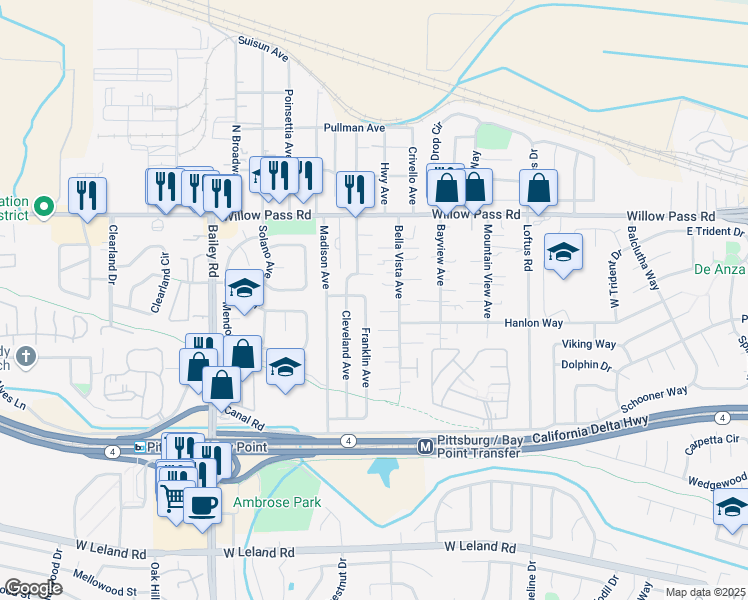 map of restaurants, bars, coffee shops, grocery stores, and more near 215 Franklin Avenue in Bay Point