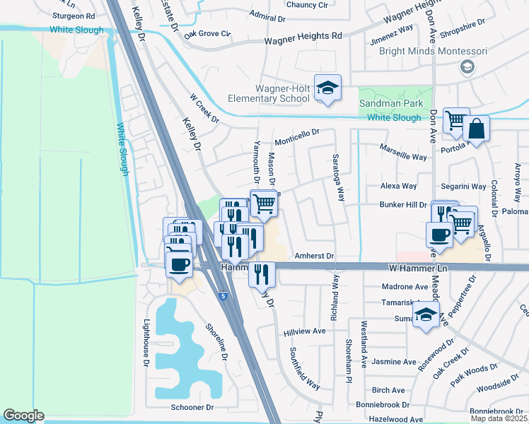 map of restaurants, bars, coffee shops, grocery stores, and more near 3046 Wentworth Drive in Stockton