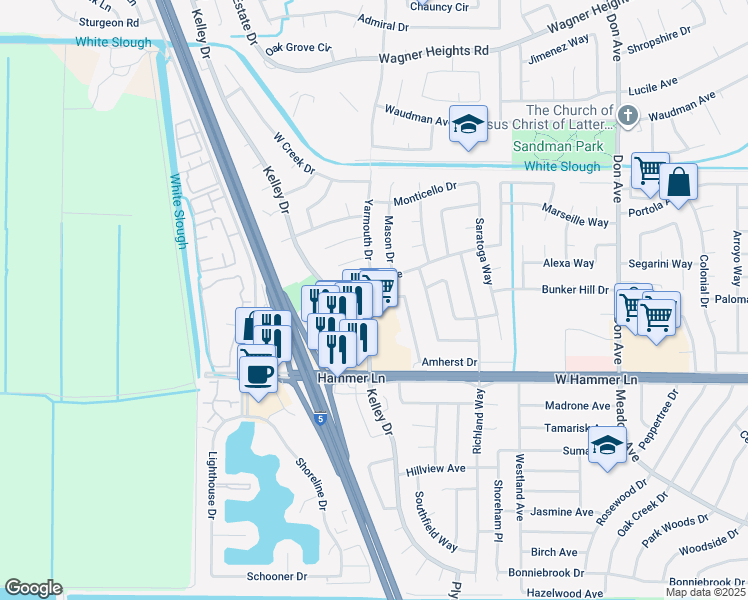 map of restaurants, bars, coffee shops, grocery stores, and more near 3116 Wentworth Drive in Stockton