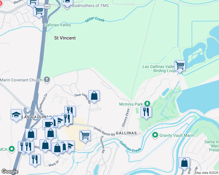 map of restaurants, bars, coffee shops, grocery stores, and more near 100 North Avenue in San Rafael