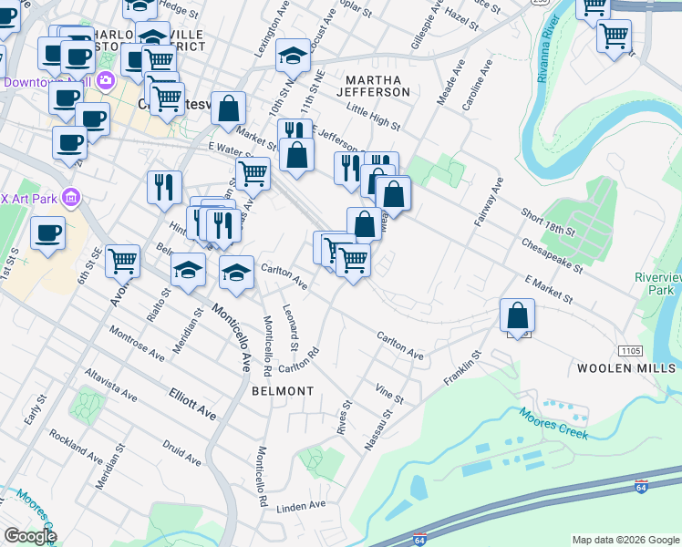 map of restaurants, bars, coffee shops, grocery stores, and more near 221 Carlton Road in Charlottesville
