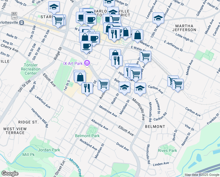 map of restaurants, bars, coffee shops, grocery stores, and more near 713 Bolling Avenue in Charlottesville