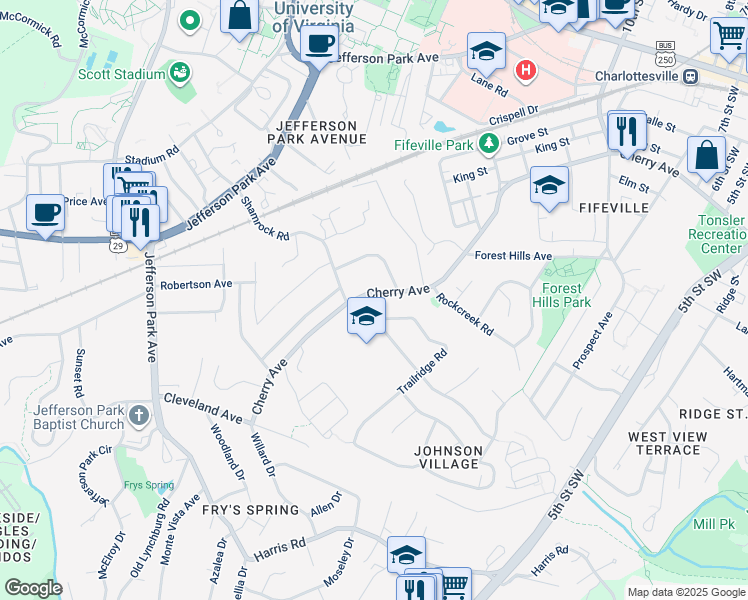 map of restaurants, bars, coffee shops, grocery stores, and more near 509 Shamrock Road in Charlottesville