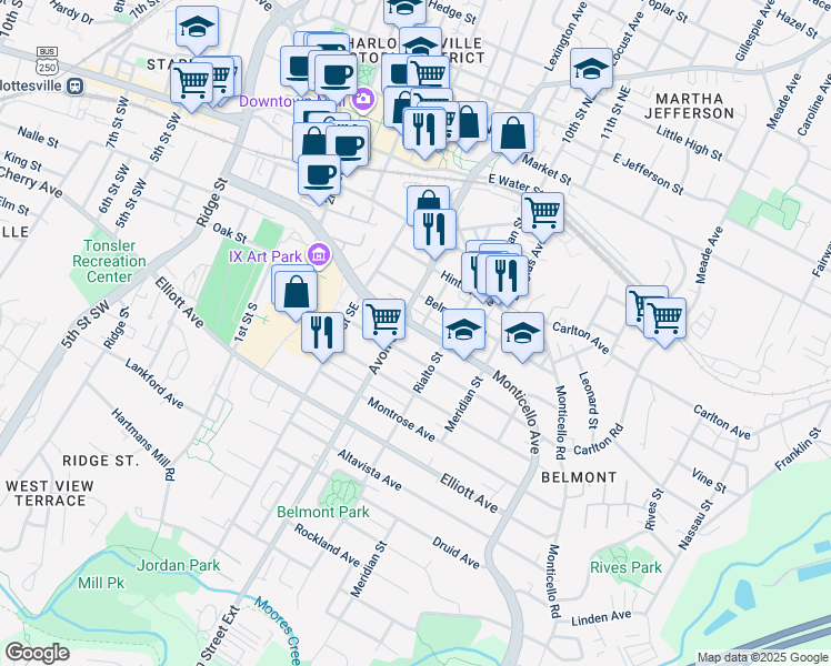 map of restaurants, bars, coffee shops, grocery stores, and more near 712 Monticello Avenue in Charlottesville