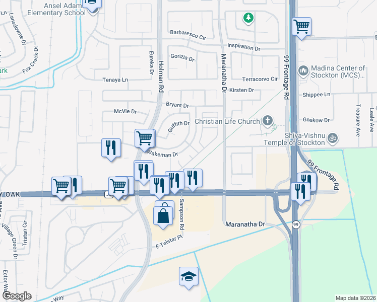 map of restaurants, bars, coffee shops, grocery stores, and more near 8020 Farin Court in Stockton
