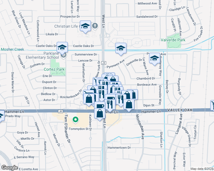 map of restaurants, bars, coffee shops, grocery stores, and more near 8000 West Lane in Stockton