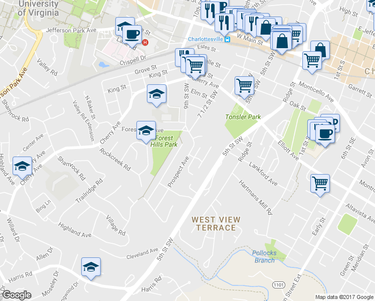 map of restaurants, bars, coffee shops, grocery stores, and more near 719 Prospect Avenue in Charlottesville