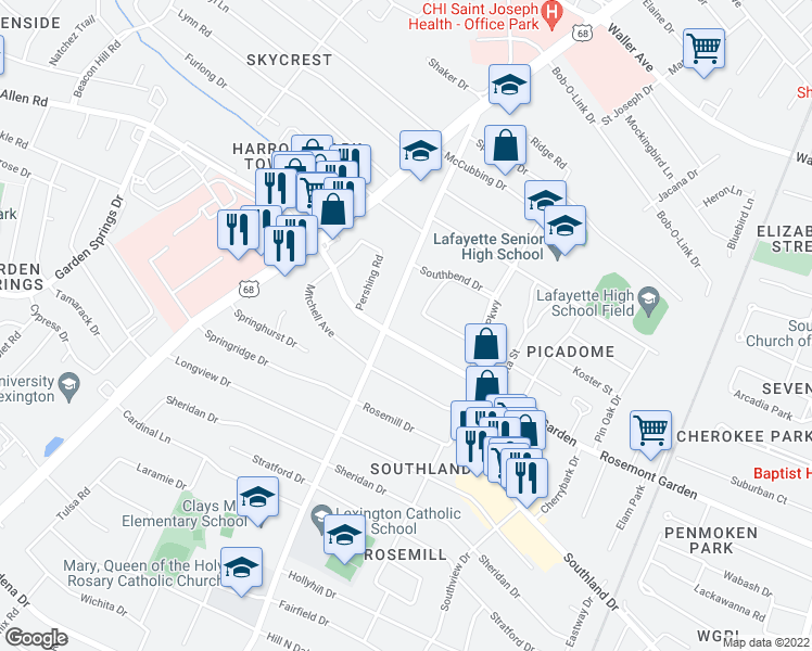 map of restaurants, bars, coffee shops, grocery stores, and more near 553 Rosemont Garden in Lexington