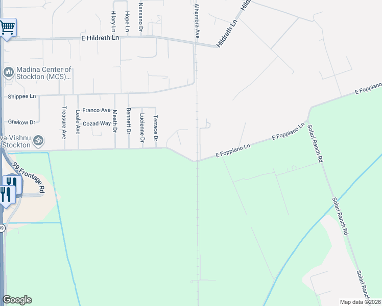 map of restaurants, bars, coffee shops, grocery stores, and more near 5949 East Foppiano Lane in Stockton