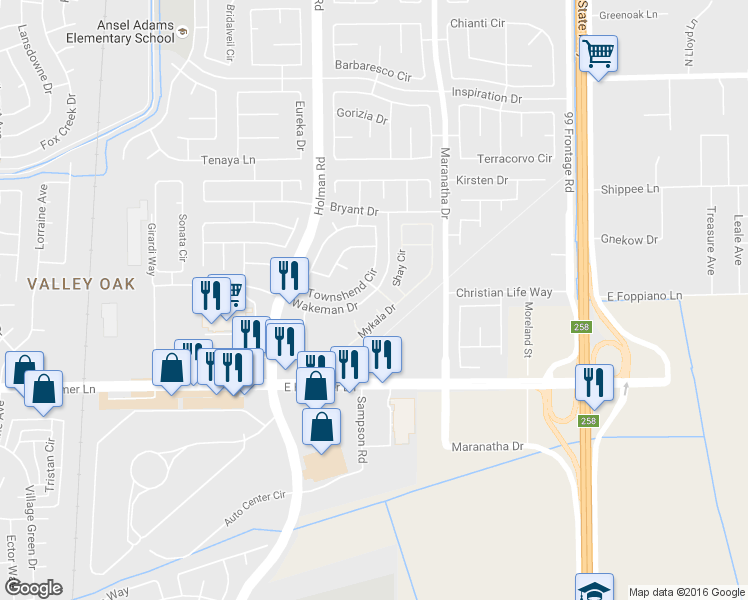 map of restaurants, bars, coffee shops, grocery stores, and more near 8033 Farin Court in Stockton