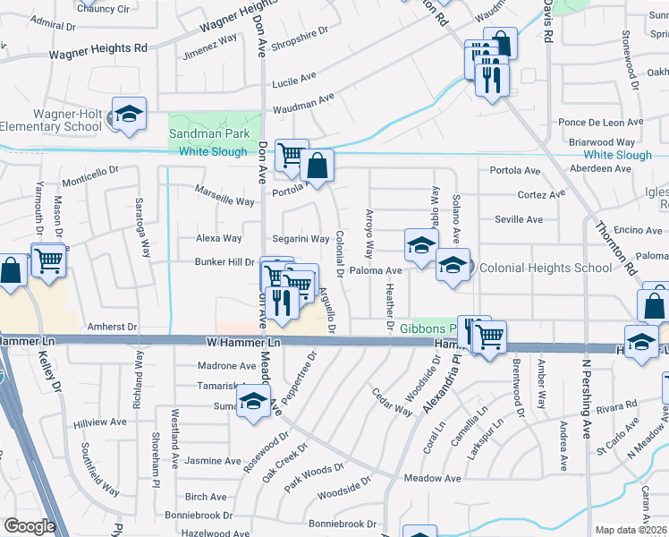 map of restaurants, bars, coffee shops, grocery stores, and more near 2227 Santiago Way in Stockton